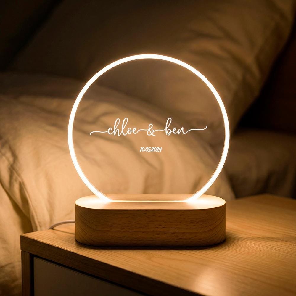 Personalized acrylic LED night light with wood base, custom names & date, wedding anniversary couple gift, bedside desk lamp decor