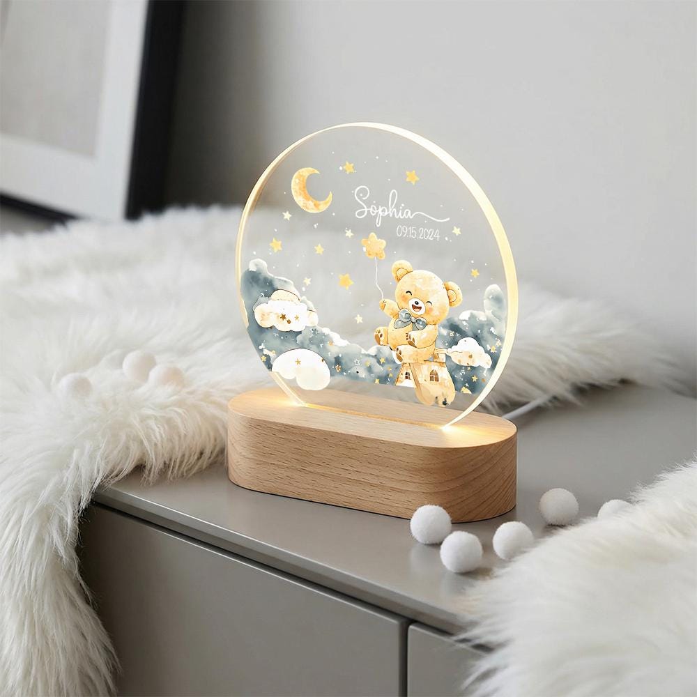 Personalized acrylic night light with wooden base, teddy bear moon clouds nursery decor, custom name date baby shower gift