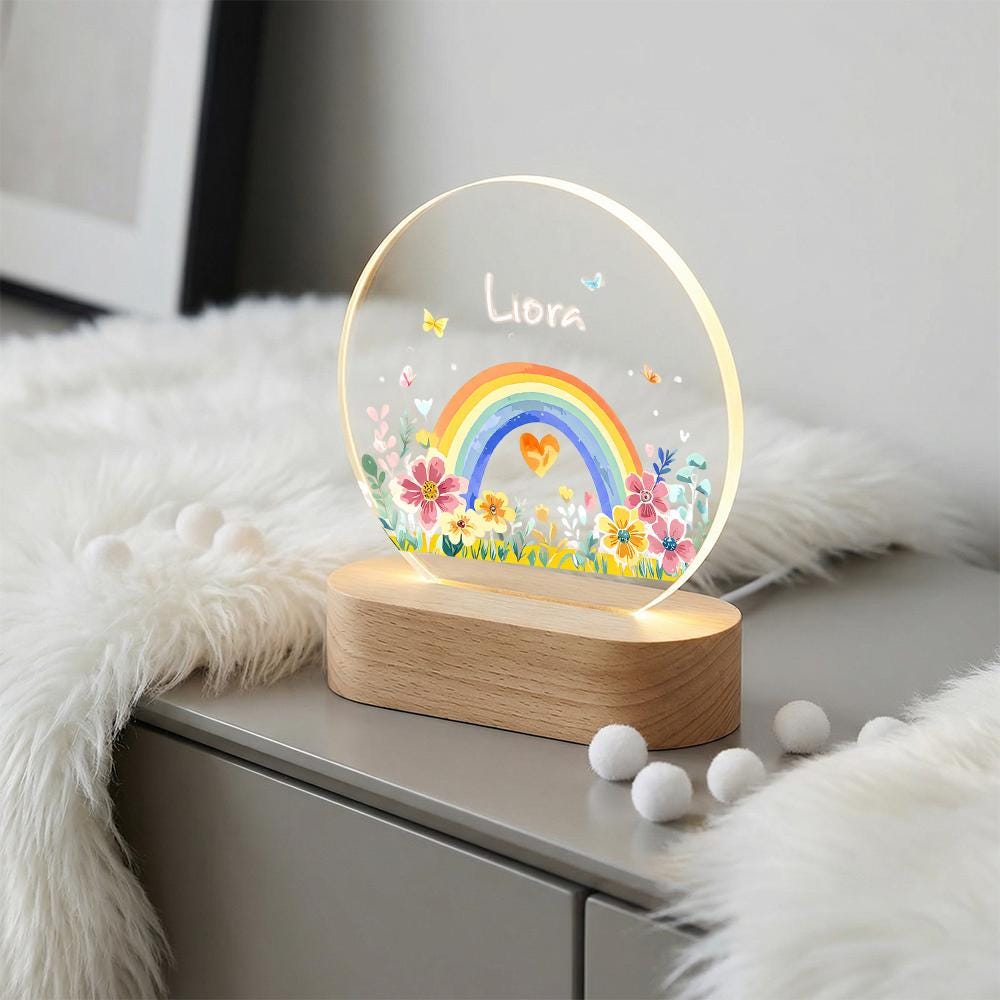 Acrylic LED night light with name, rainbow & floral design, wooden base, nursery decor, personalized kids room lamp, custom baby gift