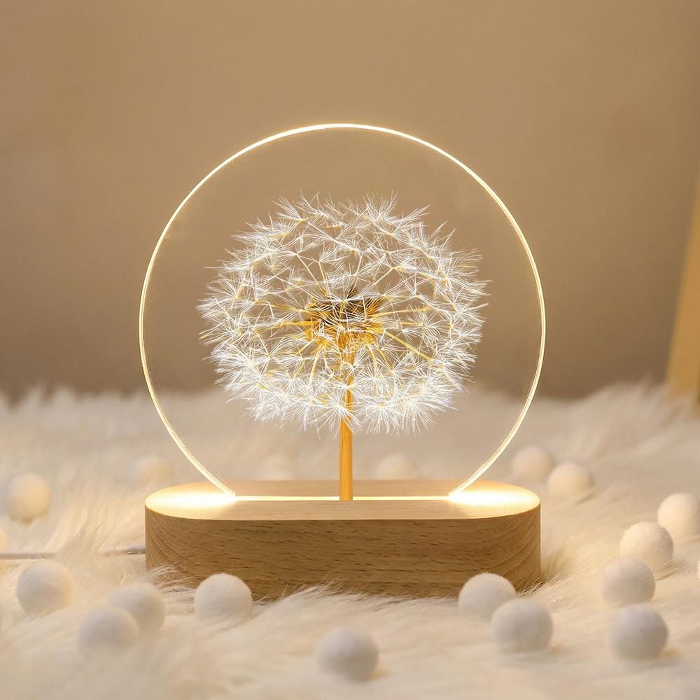 Dandelion LED night light with wood base, 3D botanical resin lamp, warm glow bedside decor, minimalist desk accent, gift for her him
