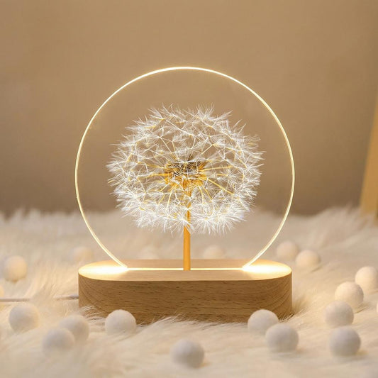 Dandelion LED night light with wood base, 3D botanical resin lamp, warm glow bedside decor, minimalist desk accent, gift for her him