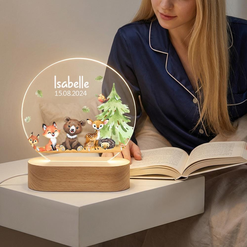 Personalized acrylic night light with woodland animals, name & date LED lamp for nursery decor, baby shower gift, forest theme keepsake