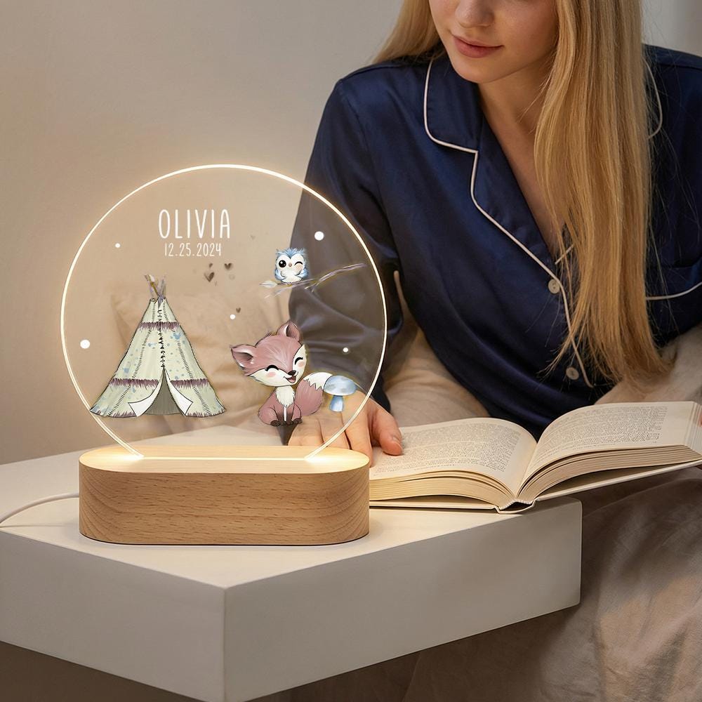 Personalized acrylic night light with wooden base, woodland fox teepee nursery decor, custom name date baby keepsake, kids room lamp