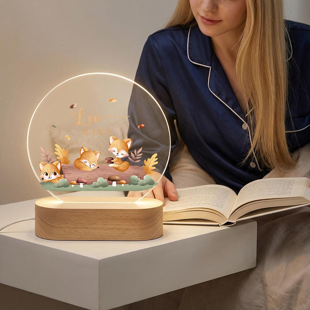 Personalized fox night light, acrylic name lamp, woodland nursery decor, custom baby keepsake, LED base, autumn forest animals