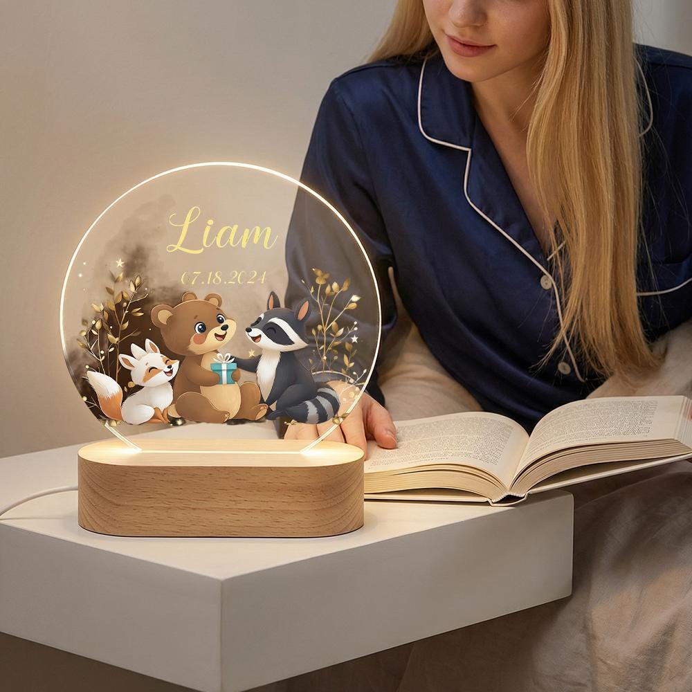 Personalized acrylic night light with wooden base, woodland animals name sign for nursery, baby shower gift, kids room bedside lamp