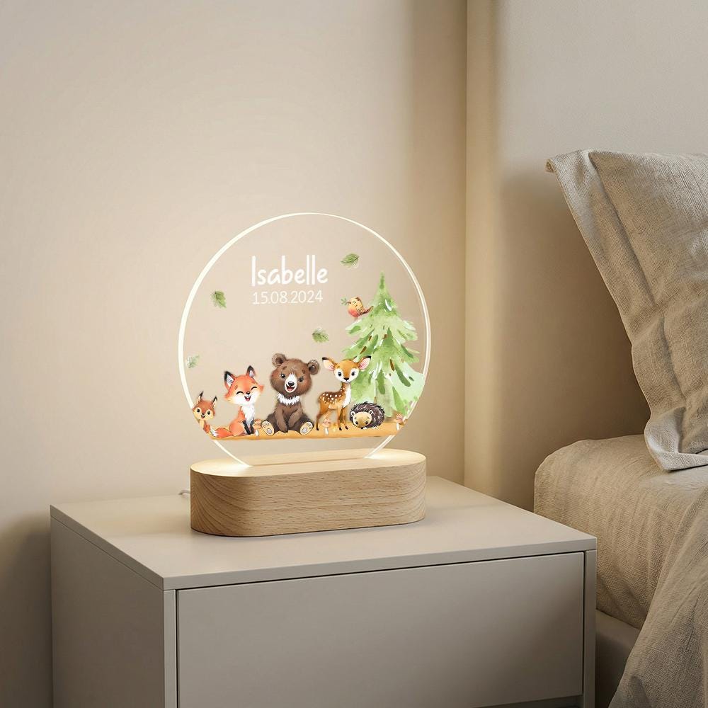 Personalized acrylic night light with woodland animals, name & date LED lamp for nursery decor, baby shower gift, forest theme keepsake