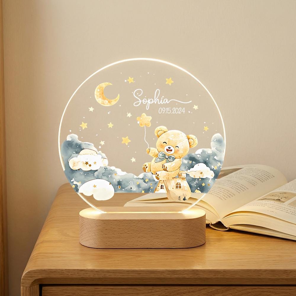 Personalized acrylic night light with wooden base, teddy bear moon clouds nursery decor, custom name date baby shower gift