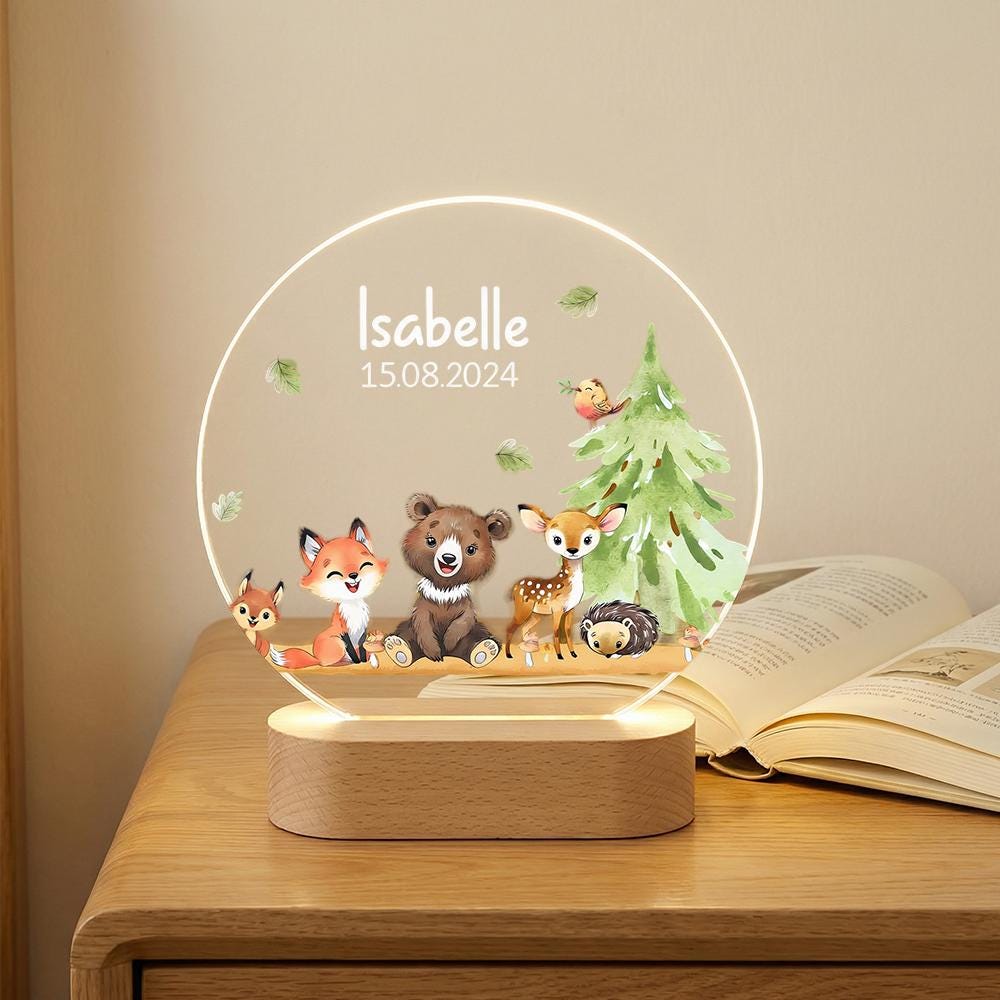 Personalized acrylic night light with woodland animals, name & date LED lamp for nursery decor, baby shower gift, forest theme keepsake