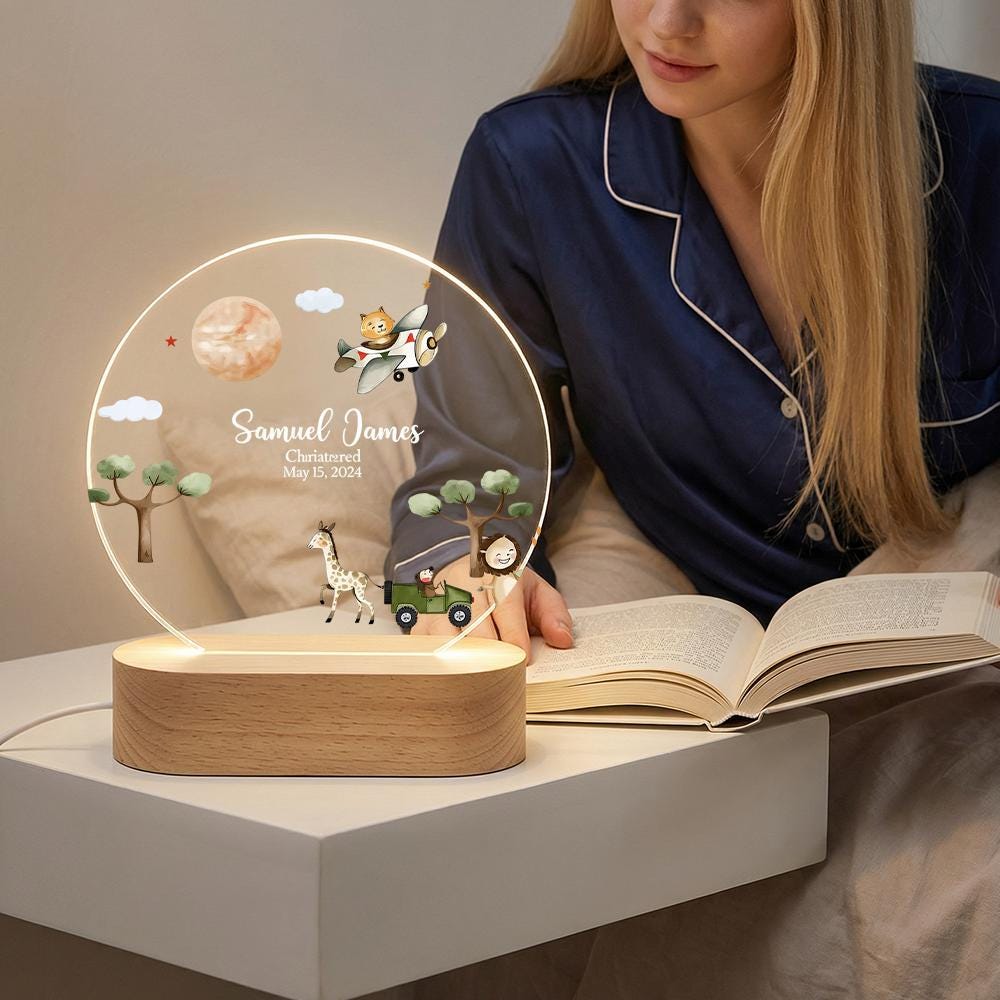 Personalized acrylic night light with wooden base, safari airplane nursery name lamp, custom christening keepsake for baby boy, baptism gift