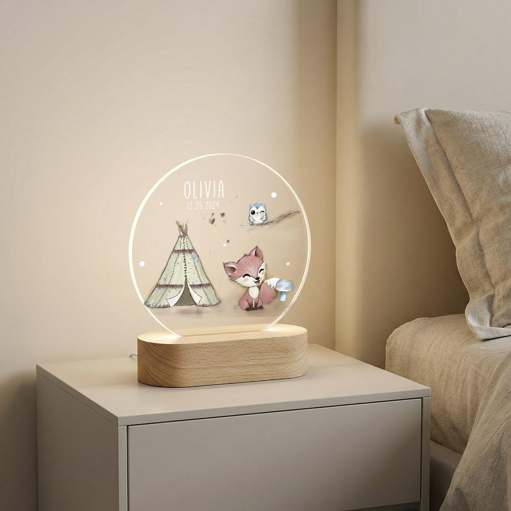 Personalized acrylic night light with wooden base, woodland fox teepee nursery decor, custom name date baby keepsake, kids room lamp