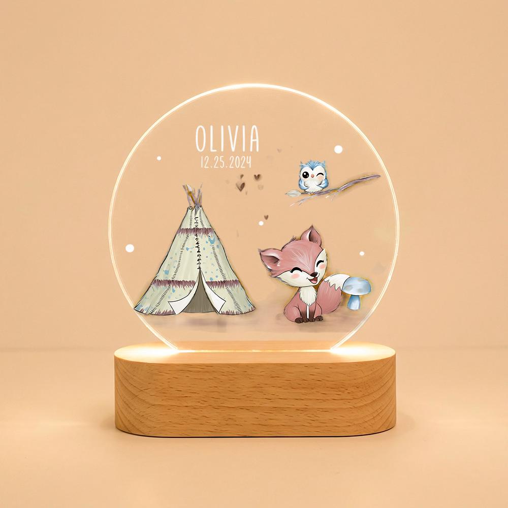 Personalized acrylic night light with wooden base, woodland fox teepee nursery decor, custom name date baby keepsake, kids room lamp