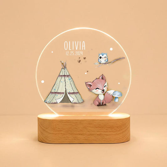 Personalized acrylic night light with wooden base, woodland fox teepee nursery decor, custom name date baby keepsake, kids room lamp