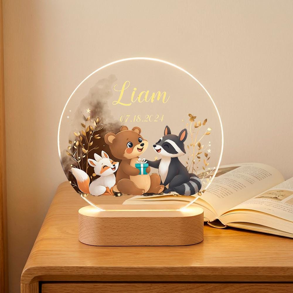Personalized acrylic night light with wooden base, woodland animals name sign for nursery, baby shower gift, kids room bedside lamp