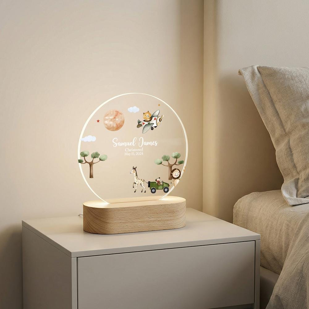 Personalized acrylic night light with wooden base, safari airplane nursery name lamp, custom christening keepsake for baby boy, baptism gift