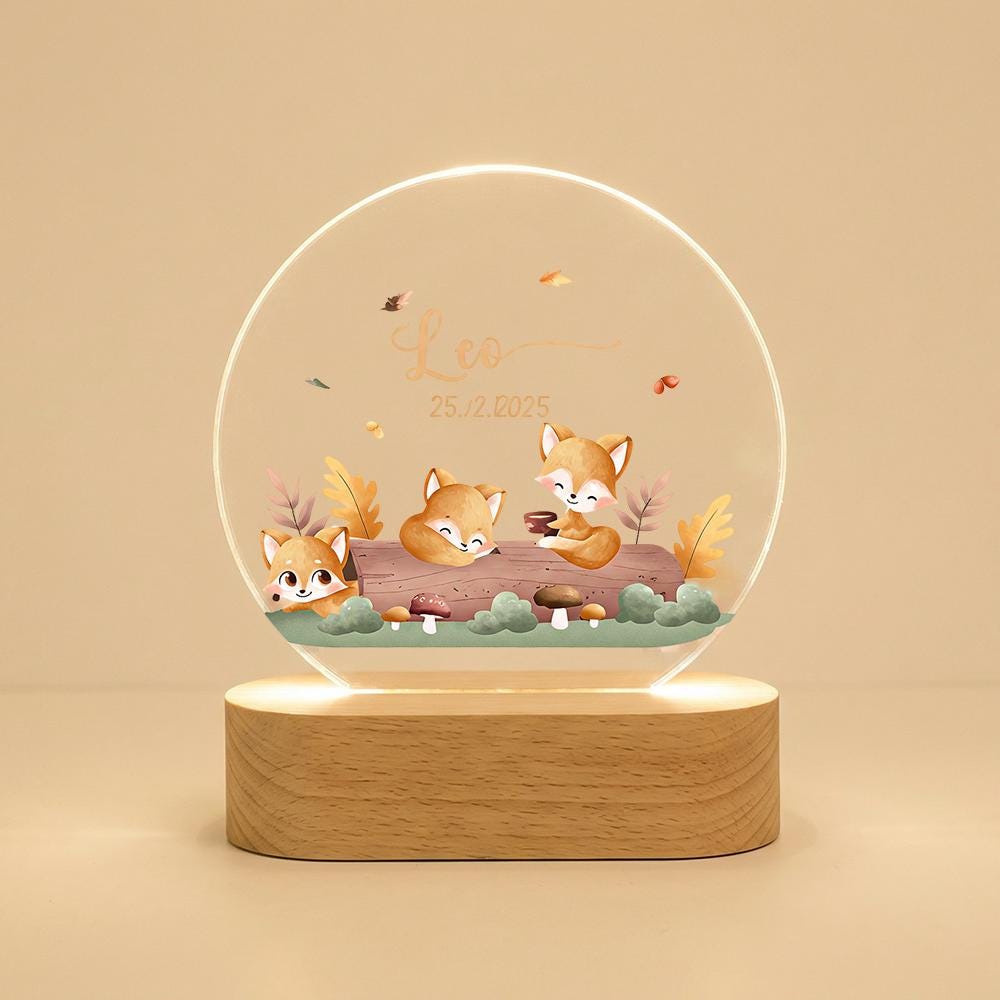 Personalized fox night light, acrylic name lamp, woodland nursery decor, custom baby keepsake, LED base, autumn forest animals