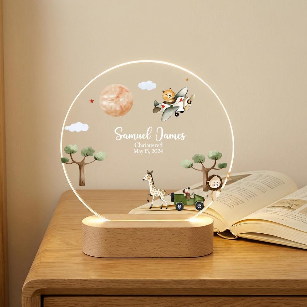 Personalized acrylic night light with wooden base, safari airplane nursery name lamp, custom christening keepsake for baby boy, baptism gift