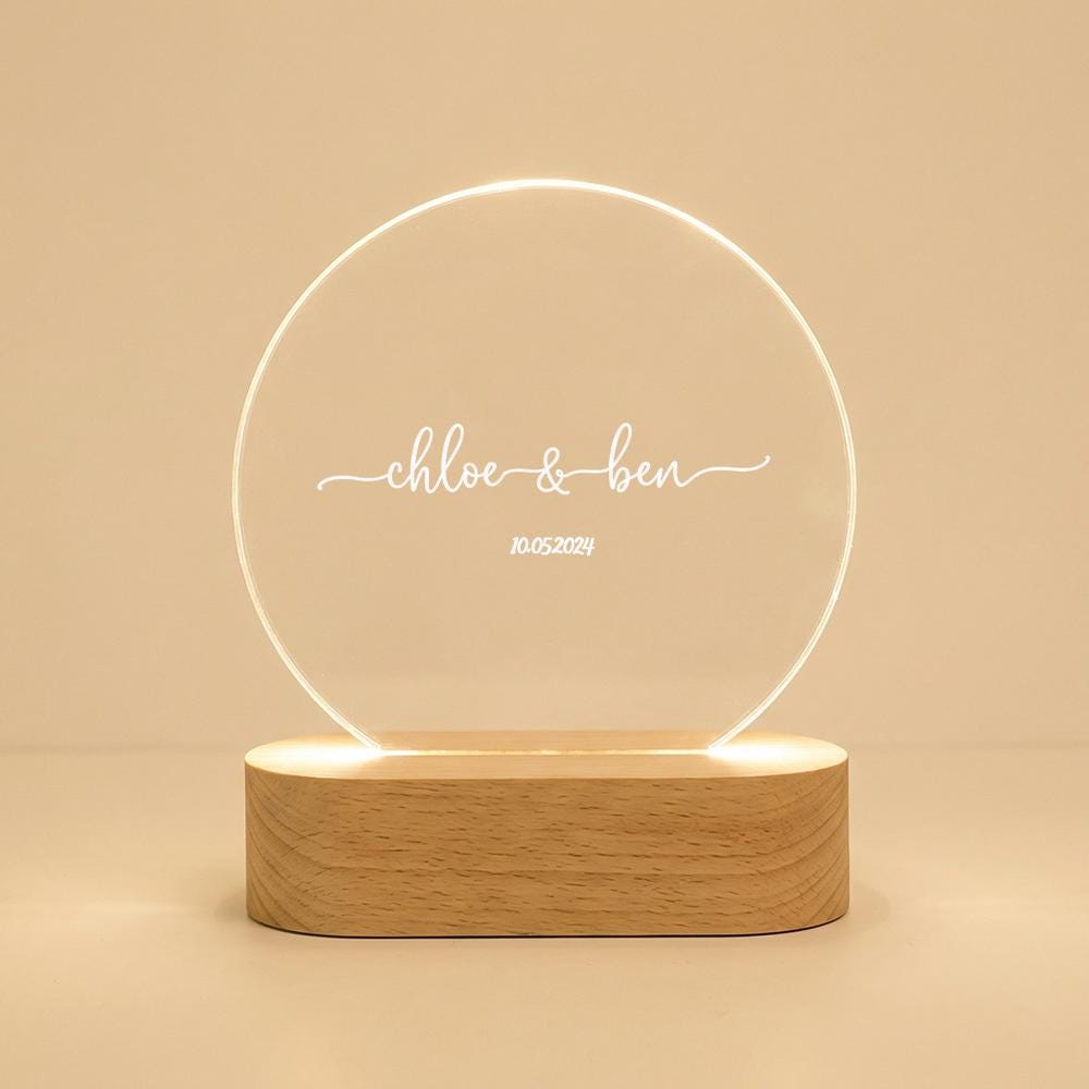 Personalized acrylic LED night light with wood base, custom names & date, wedding anniversary couple gift, bedside desk lamp decor