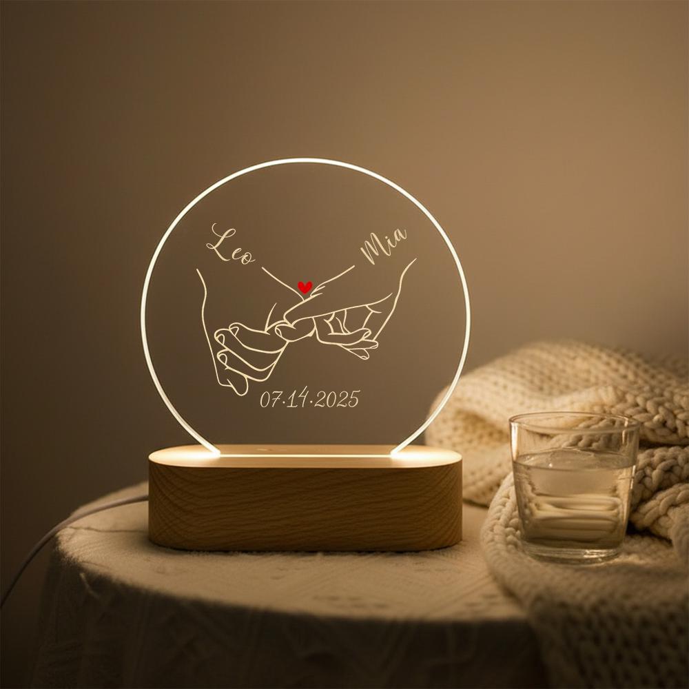 Acrylic LED night light hand holding line art, wood base, custom engraved name date, minimalist couple gift, anniversary  bedside lamp