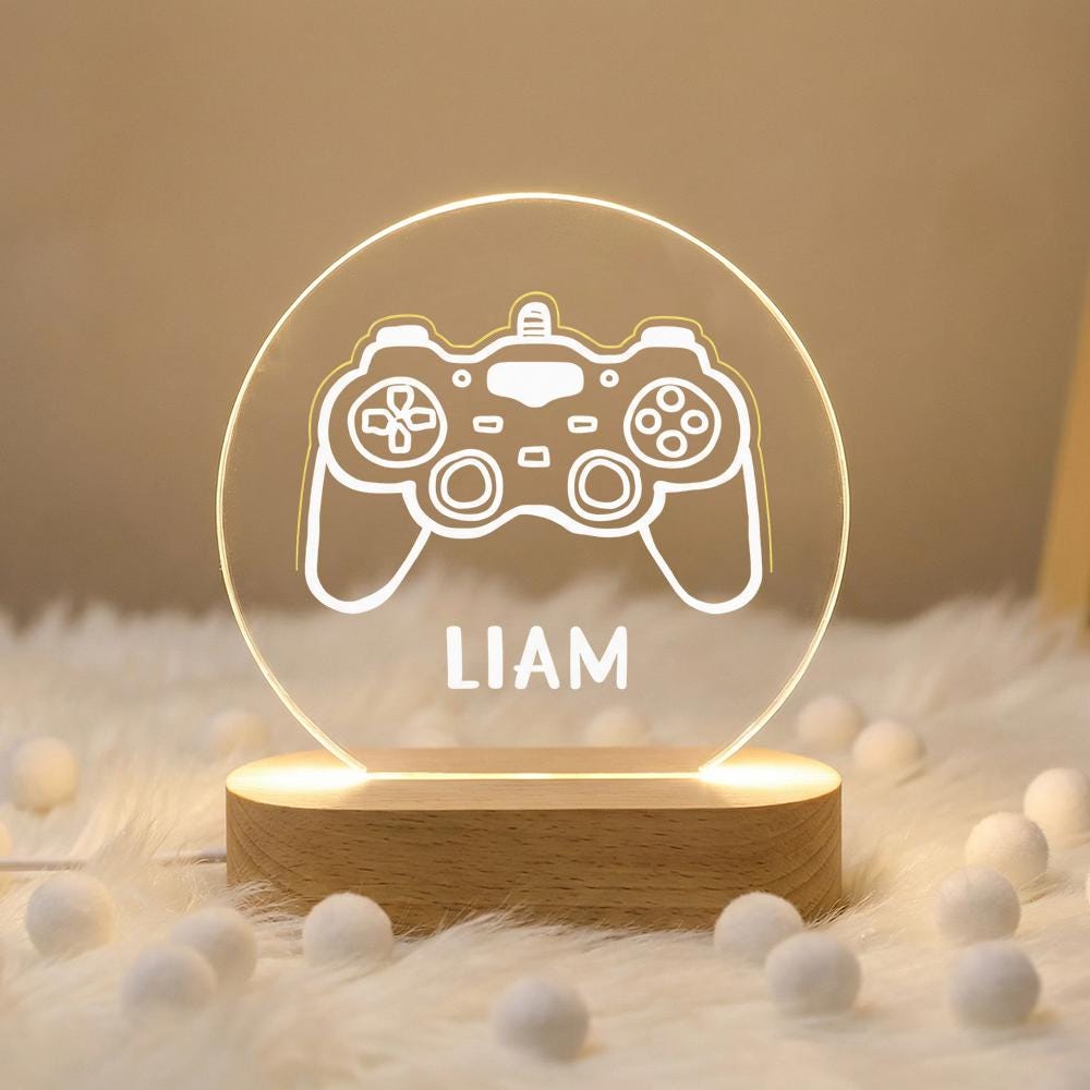 Acrylic LED night light with game controller icon, personalized name lamp, USB base, gamer room desk decor, custom boys gift