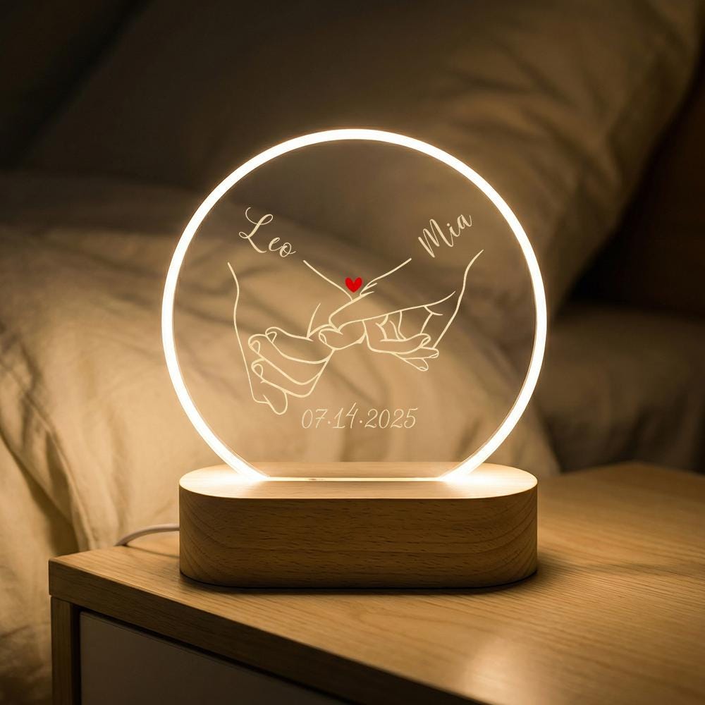 Acrylic LED night light hand holding line art, wood base, custom engraved name date, minimalist couple gift, anniversary  bedside lamp