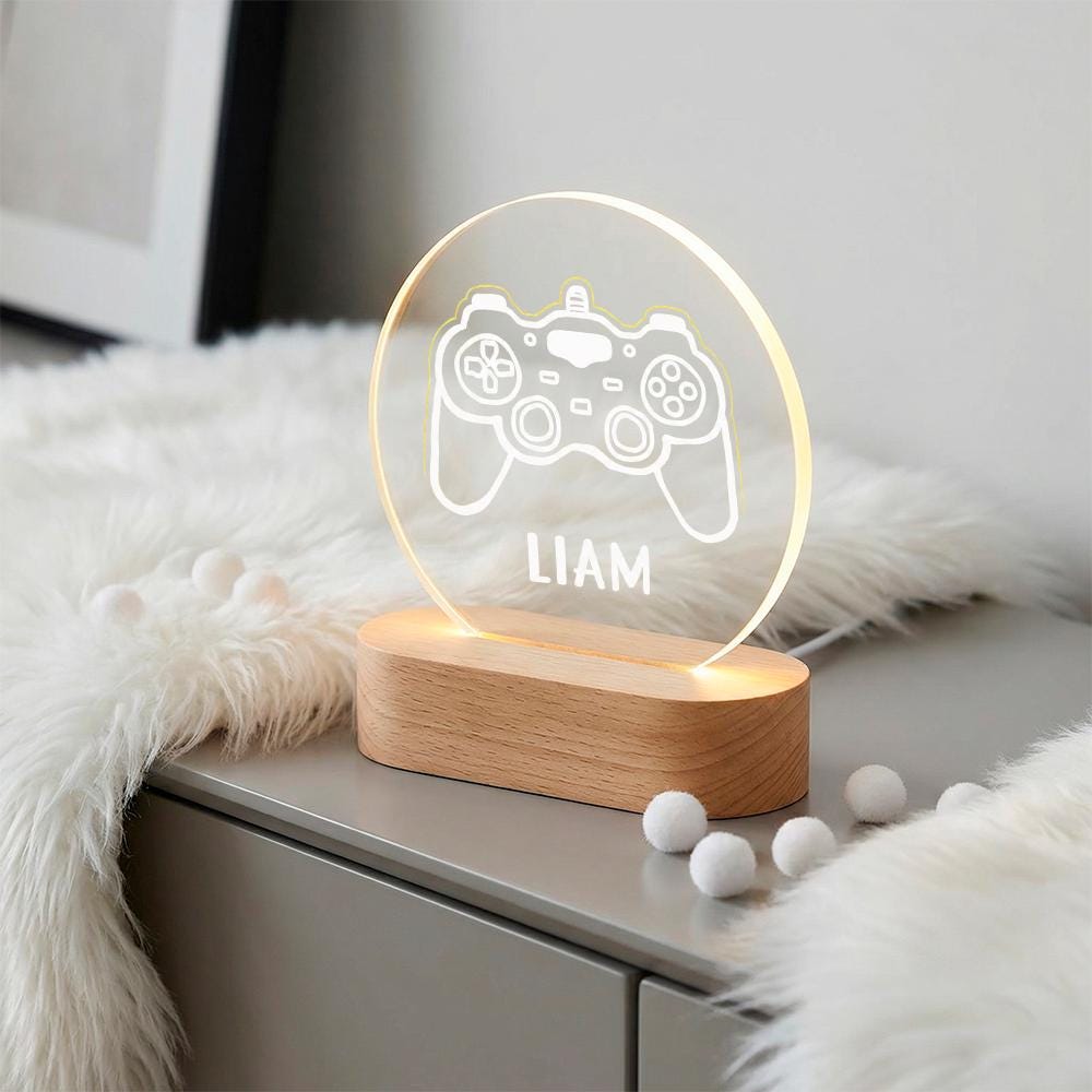 Acrylic LED night light with game controller icon, personalized name lamp, USB base, gamer room desk decor, custom boys gift