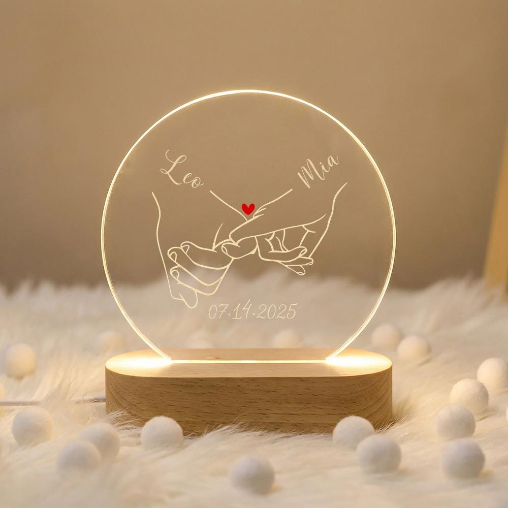 Acrylic LED night light hand holding line art, wood base, custom engraved name date, minimalist couple gift, anniversary  bedside lamp
