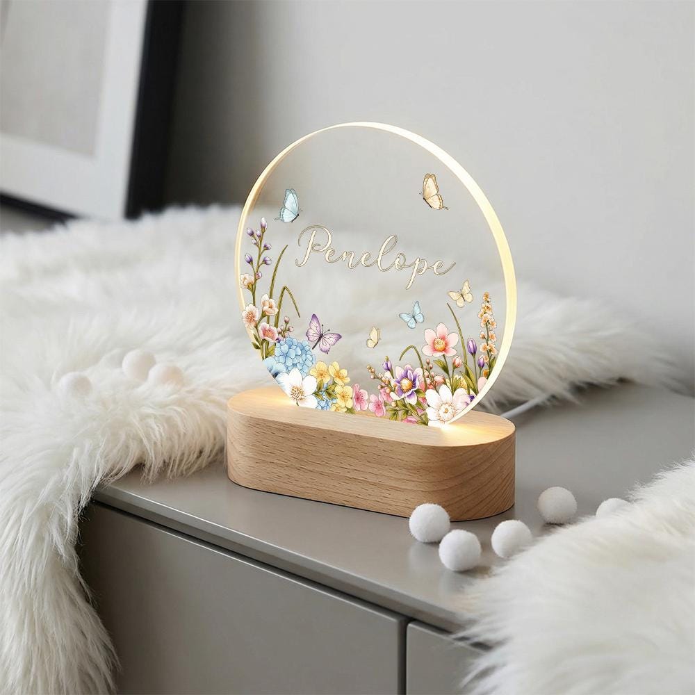 Personalized acrylic night light, floral butterfly name lamp, engraved LED bedside decor, custom nursery keepsake, baby shower gift