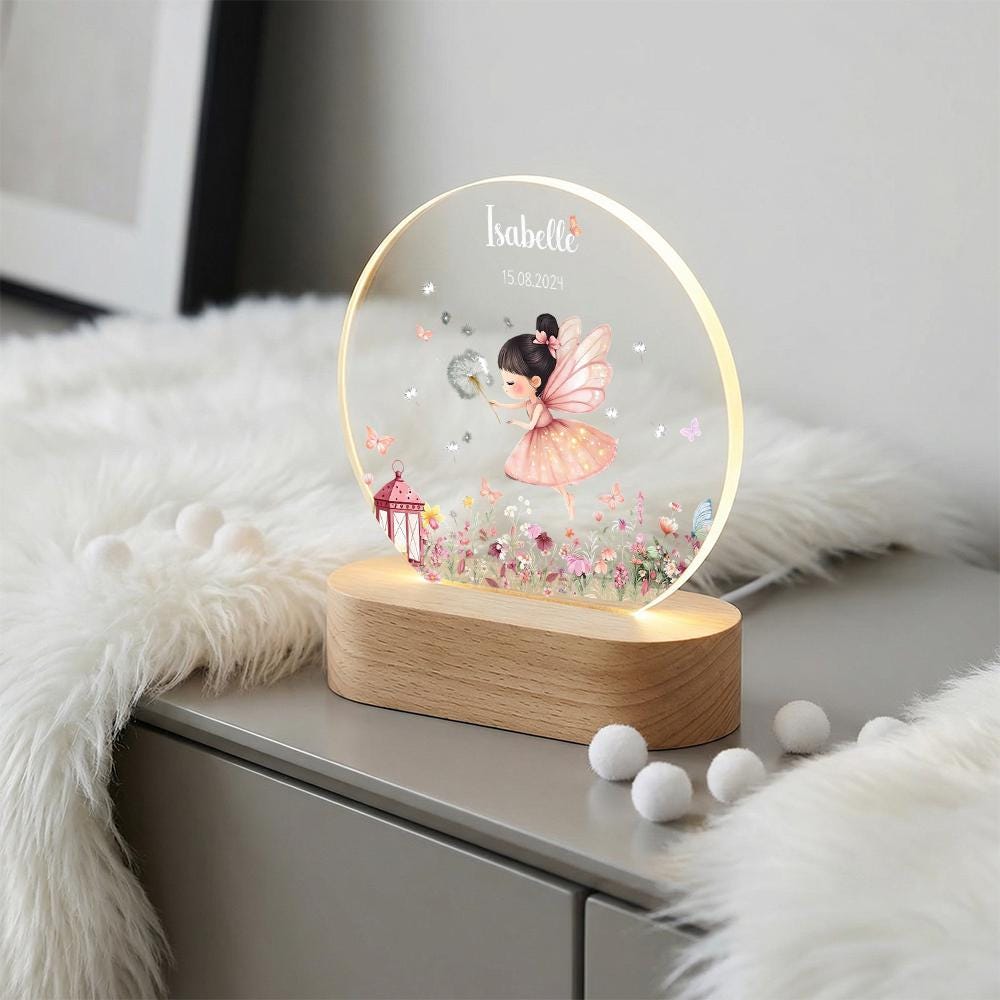 Personalized acrylic night light with fairy girl, name & date | nursery decor LED lamp | birthday christening baby shower gift