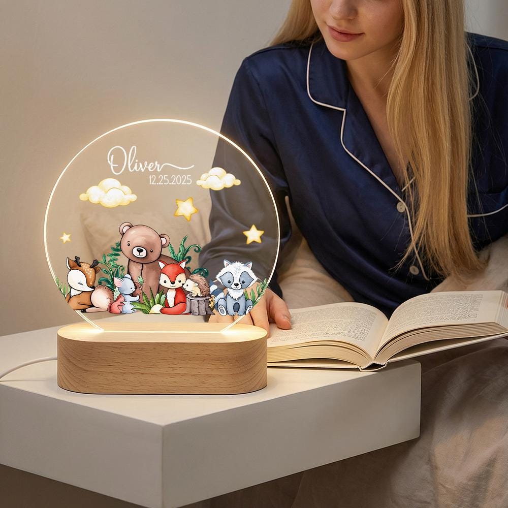 Personalized Woodland Night Light Acrylic LED Sign, Baby Name Nursery Lamp, Custom Birth Date Gift, Forest Animals Decor