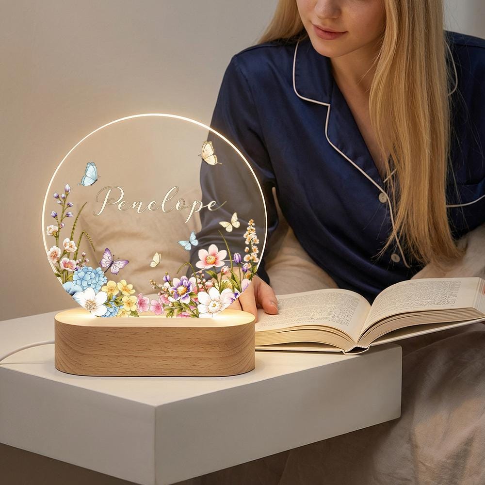 Personalized acrylic night light, floral butterfly name lamp, engraved LED bedside decor, custom nursery keepsake, baby shower gift