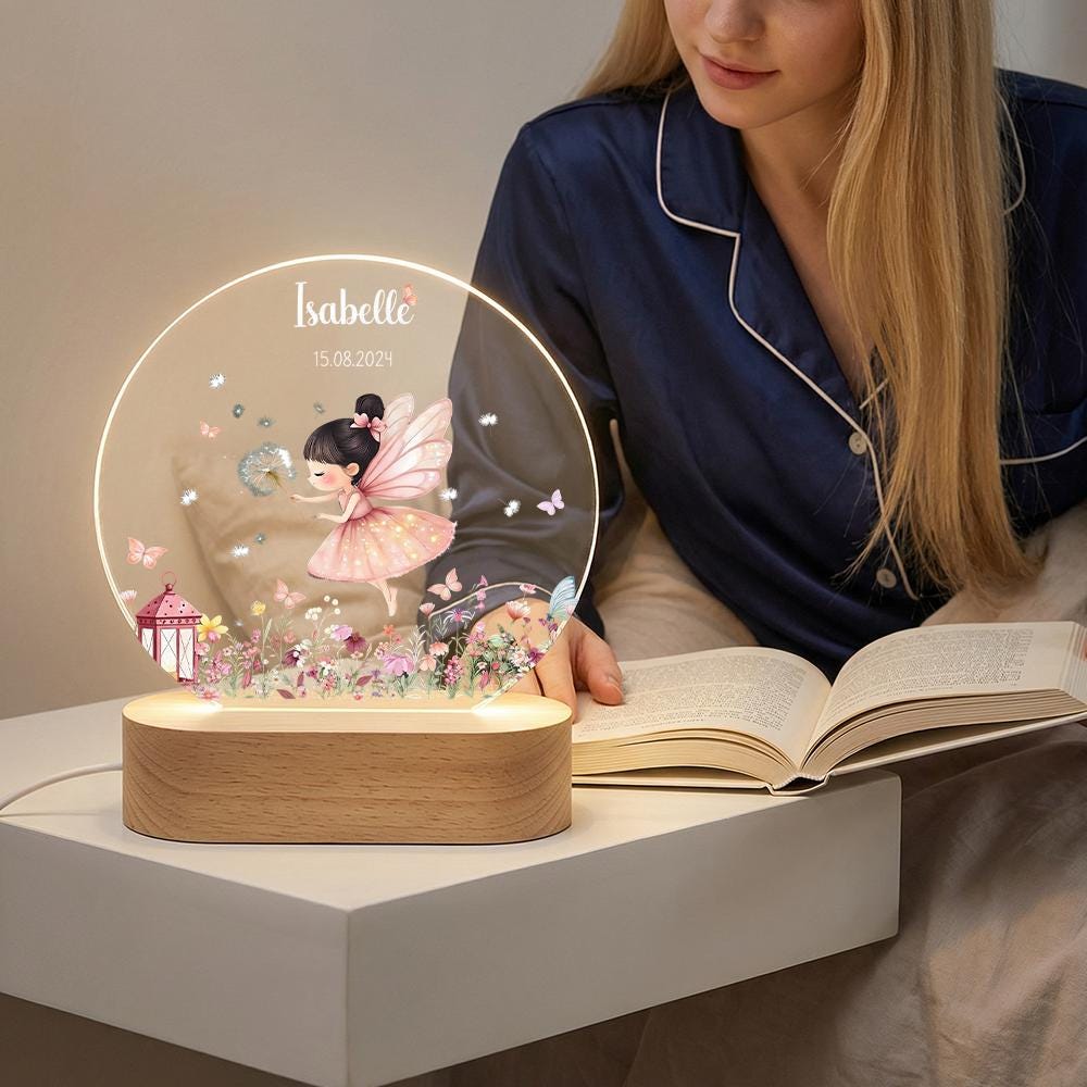 Personalized acrylic night light with fairy girl, name & date | nursery decor LED lamp | birthday christening baby shower gift