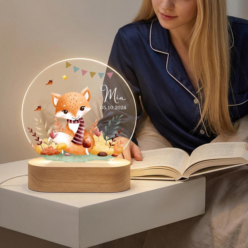Personalized fox night light, custom name date LED acrylic lamp, woodland nursery decor, baby keepsake gift, newborn announcement