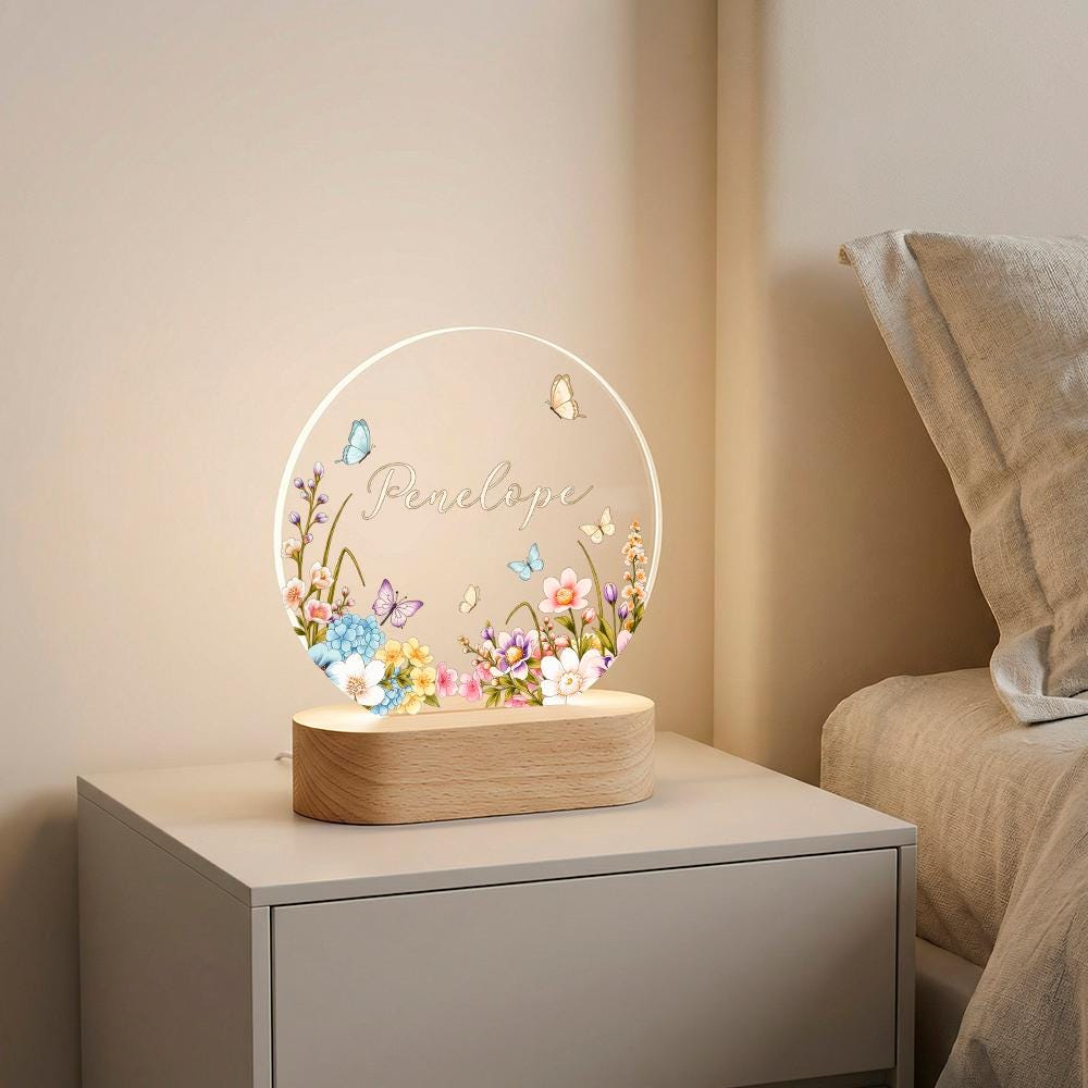 Personalized acrylic night light, floral butterfly name lamp, engraved LED bedside decor, custom nursery keepsake, baby shower gift