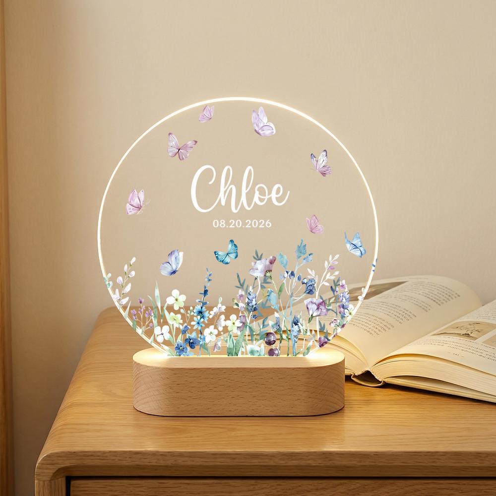 Personalized acrylic night light with name & date, butterfly wildflower design, LED wooden base, nursery decor, baby announcement gift