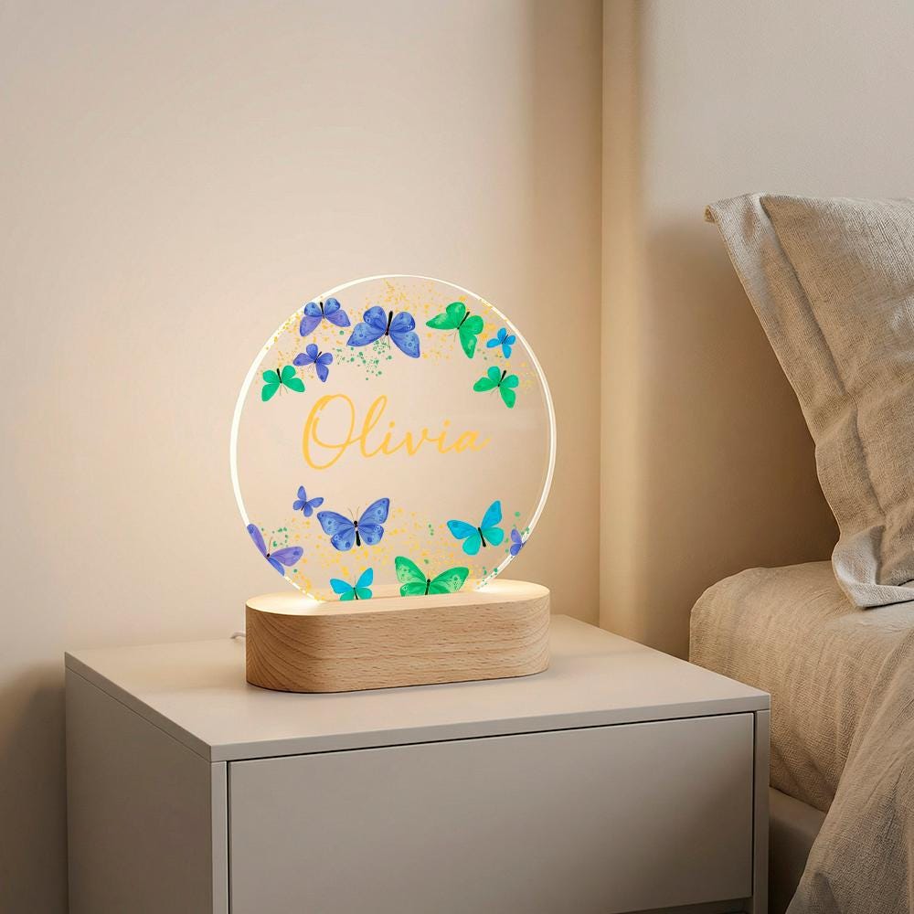 Personalized acrylic night light with butterfly wreath, custom name LED lamp, wooden base, nursery decor, girls room, baby shower gift
