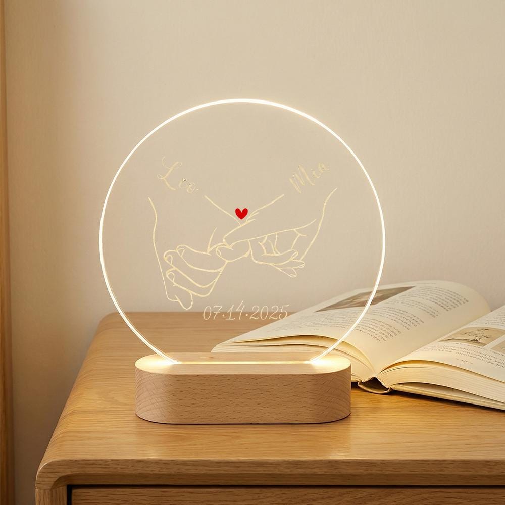 Acrylic LED night light hand holding line art, wood base, custom engraved name date, minimalist couple gift, anniversary  bedside lamp