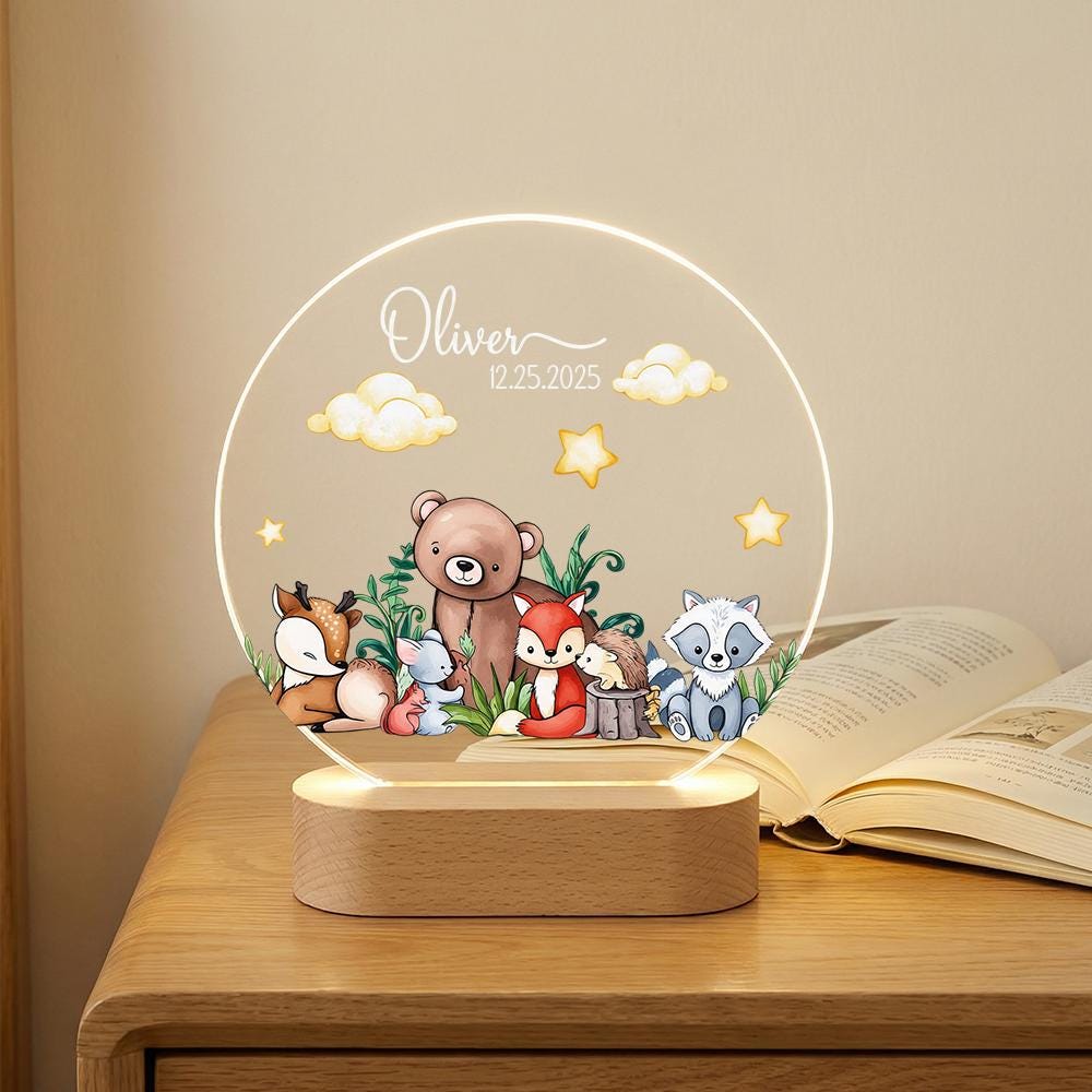 Personalized Woodland Night Light Acrylic LED Sign, Baby Name Nursery Lamp, Custom Birth Date Gift, Forest Animals Decor
