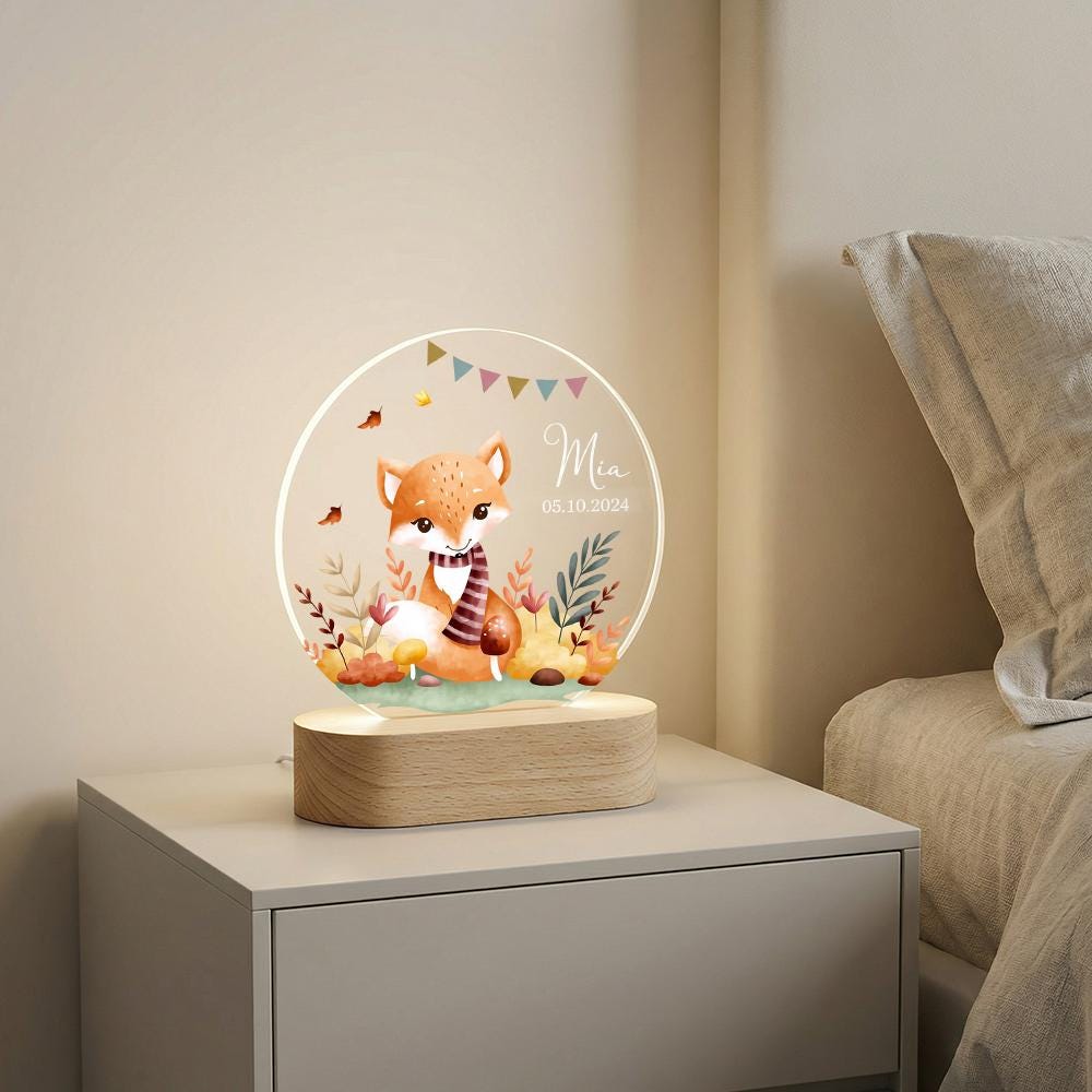 Personalized fox night light, custom name date LED acrylic lamp, woodland nursery decor, baby keepsake gift, newborn announcement