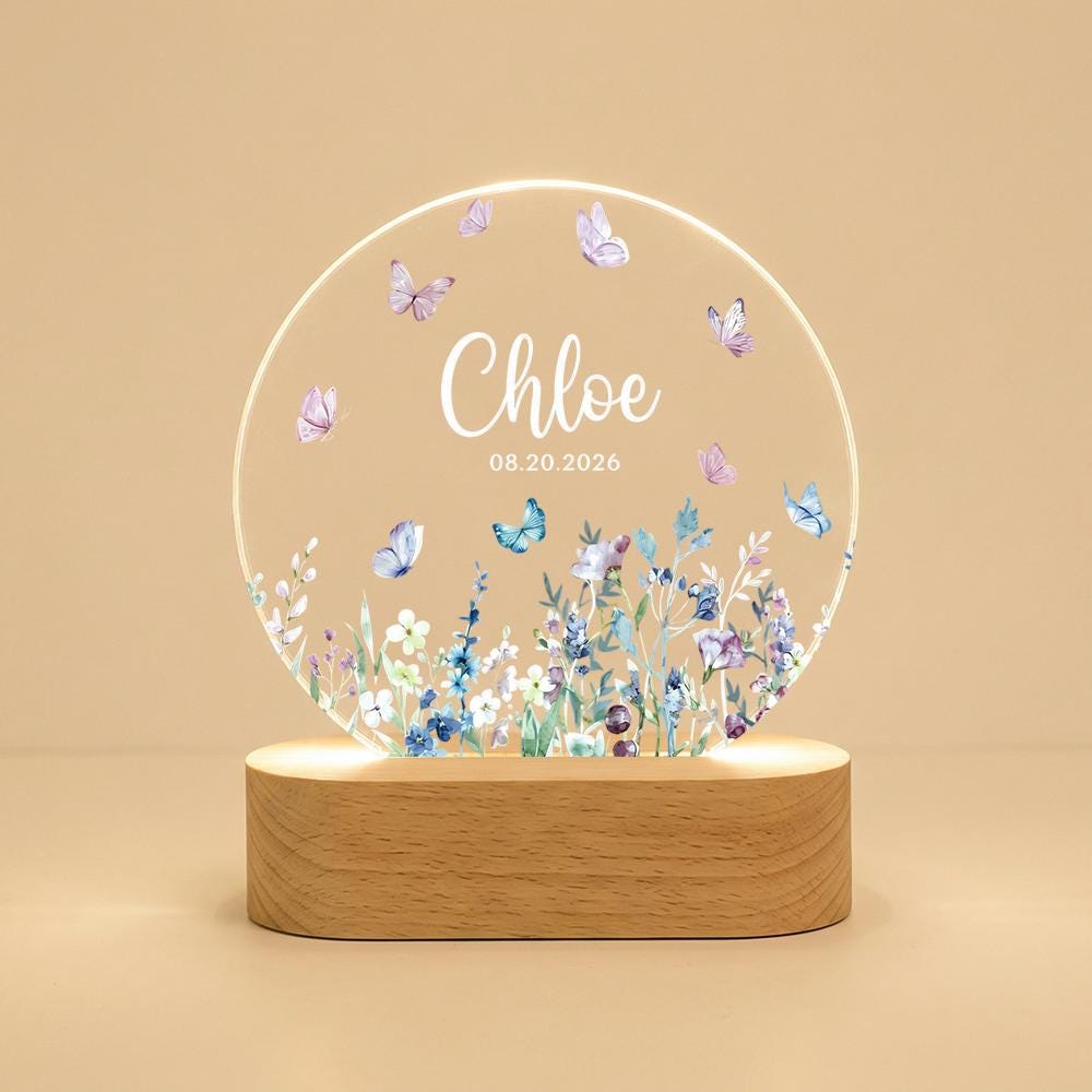 Personalized acrylic night light with name & date, butterfly wildflower design, LED wooden base, nursery decor, baby announcement gift
