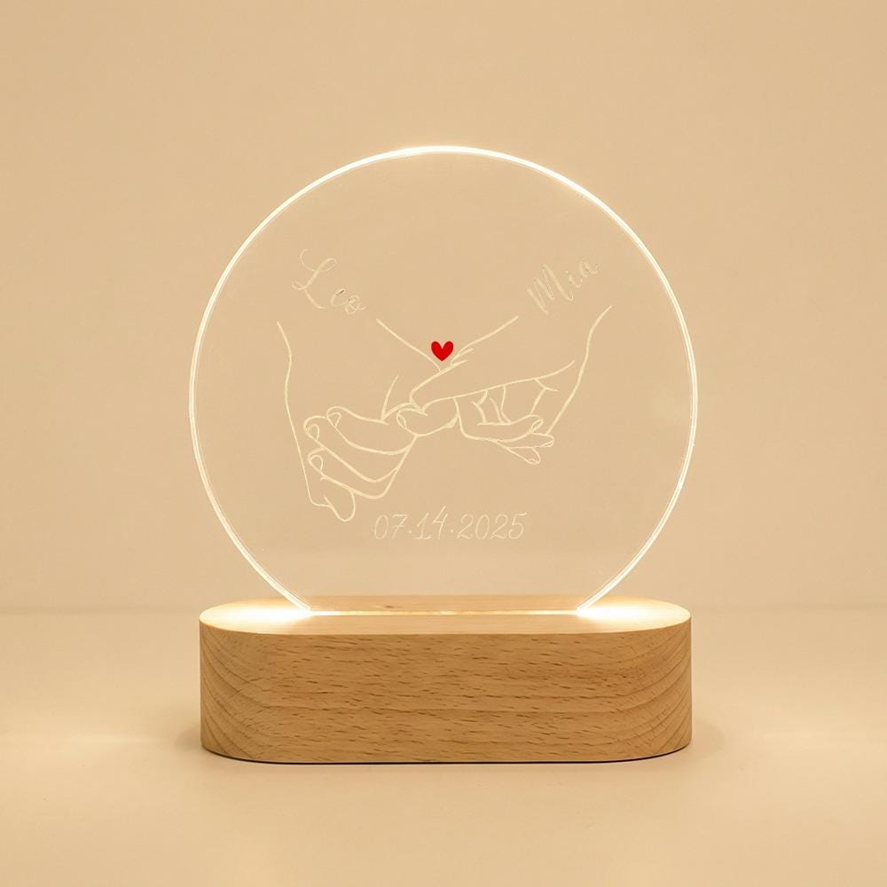 Acrylic LED night light hand holding line art, wood base, custom engraved name date, minimalist couple gift, anniversary  bedside lamp