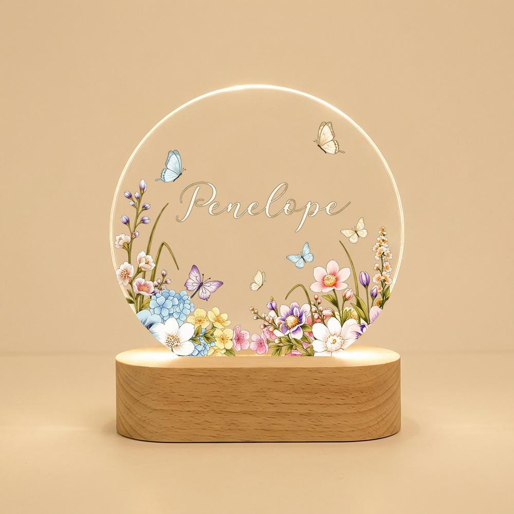 Personalized acrylic night light, floral butterfly name lamp, engraved LED bedside decor, custom nursery keepsake, baby shower gift