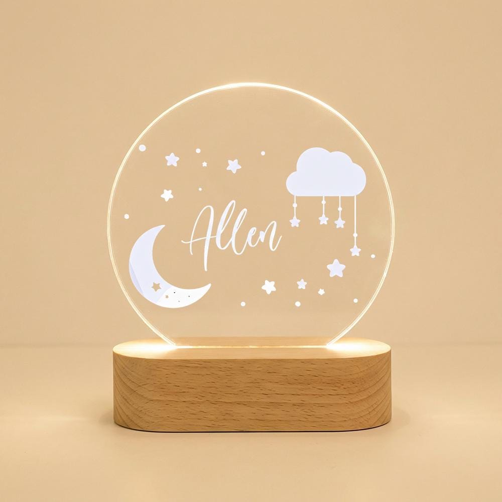 Personalized acrylic night light with wooden base, moon cloud stars nursery lamp, custom name baby room decor, newborn shower gift