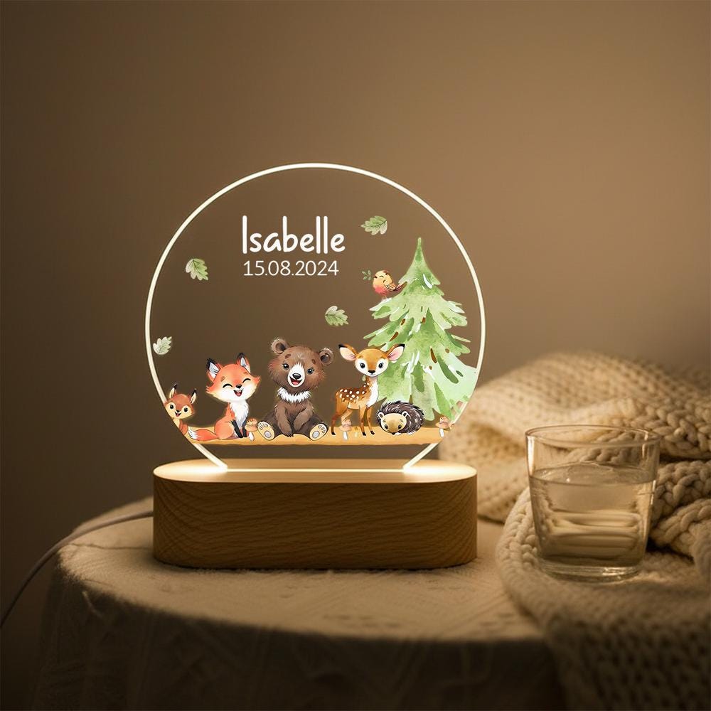 Personalized acrylic night light with woodland animals, name & date LED lamp for nursery decor, baby shower gift, forest theme keepsake