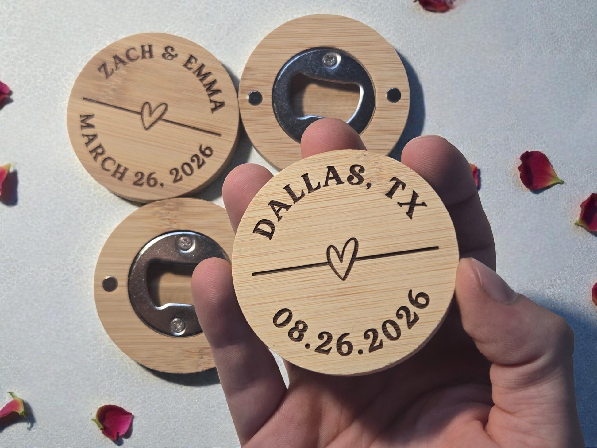 Wedding Favor Magnetic Bamboo Bottle Openers, Heart Design, Custom Laser Engraved Bulk Wedding Favors