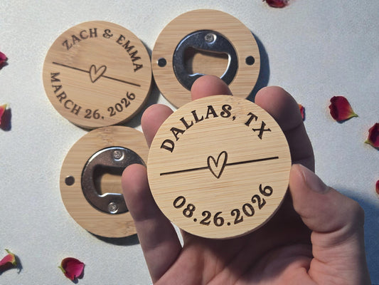 Wedding Favor Magnetic Bamboo Bottle Openers, Heart Design, Custom Laser Engraved Bulk Wedding Favors