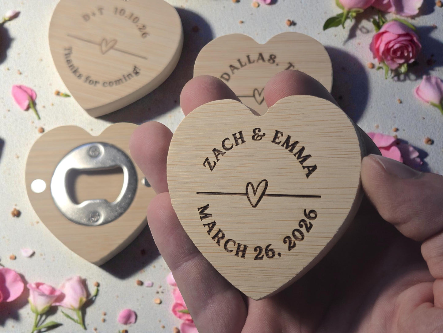 Wedding Favor Magnetic Heart Shaped Bamboo Bottle Openers, Custom Laser Engraved Bulk Wedding Favors