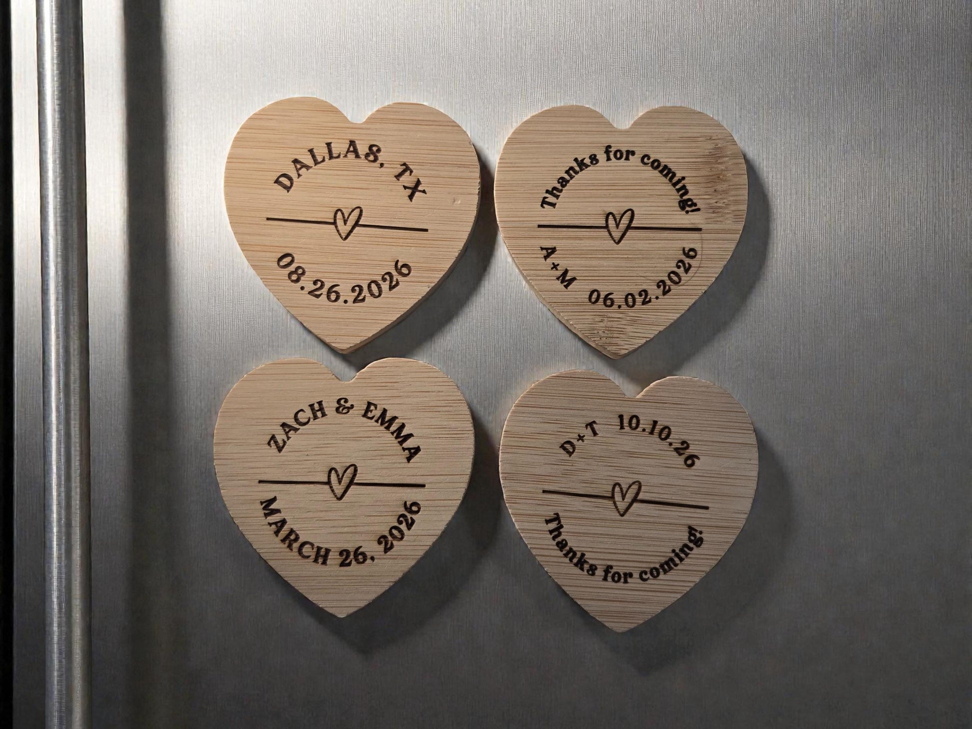Wedding Favor Magnetic Heart Shaped Bamboo Bottle Openers, Custom Laser Engraved Bulk Wedding Favors