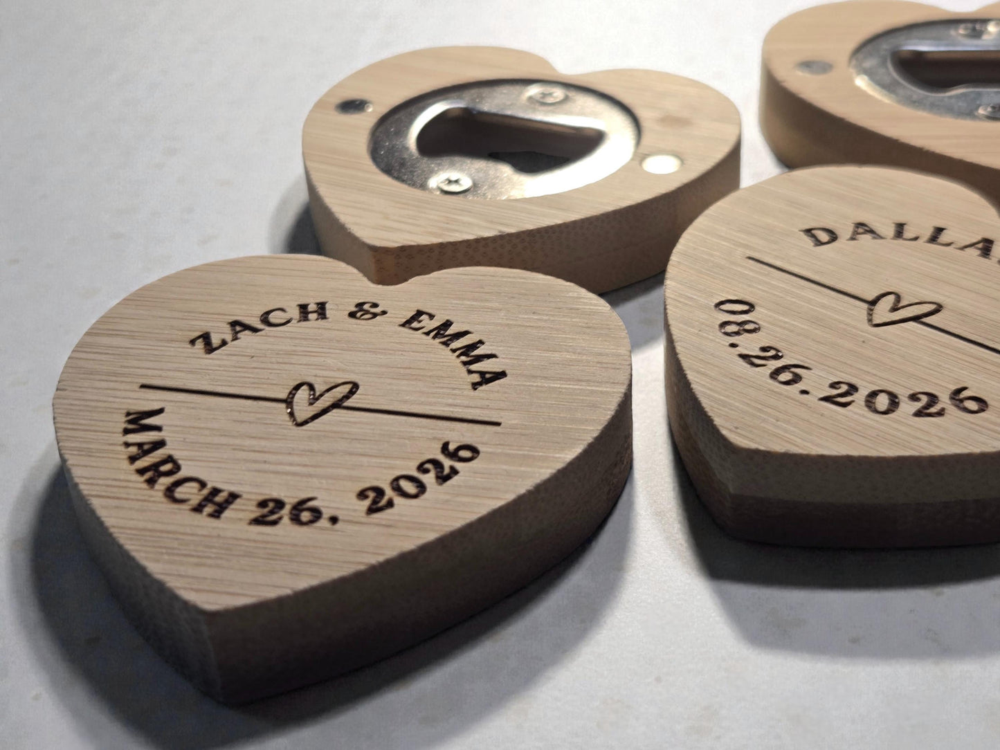 Wedding Favor Magnetic Heart Shaped Bamboo Bottle Openers, Custom Laser Engraved Bulk Wedding Favors