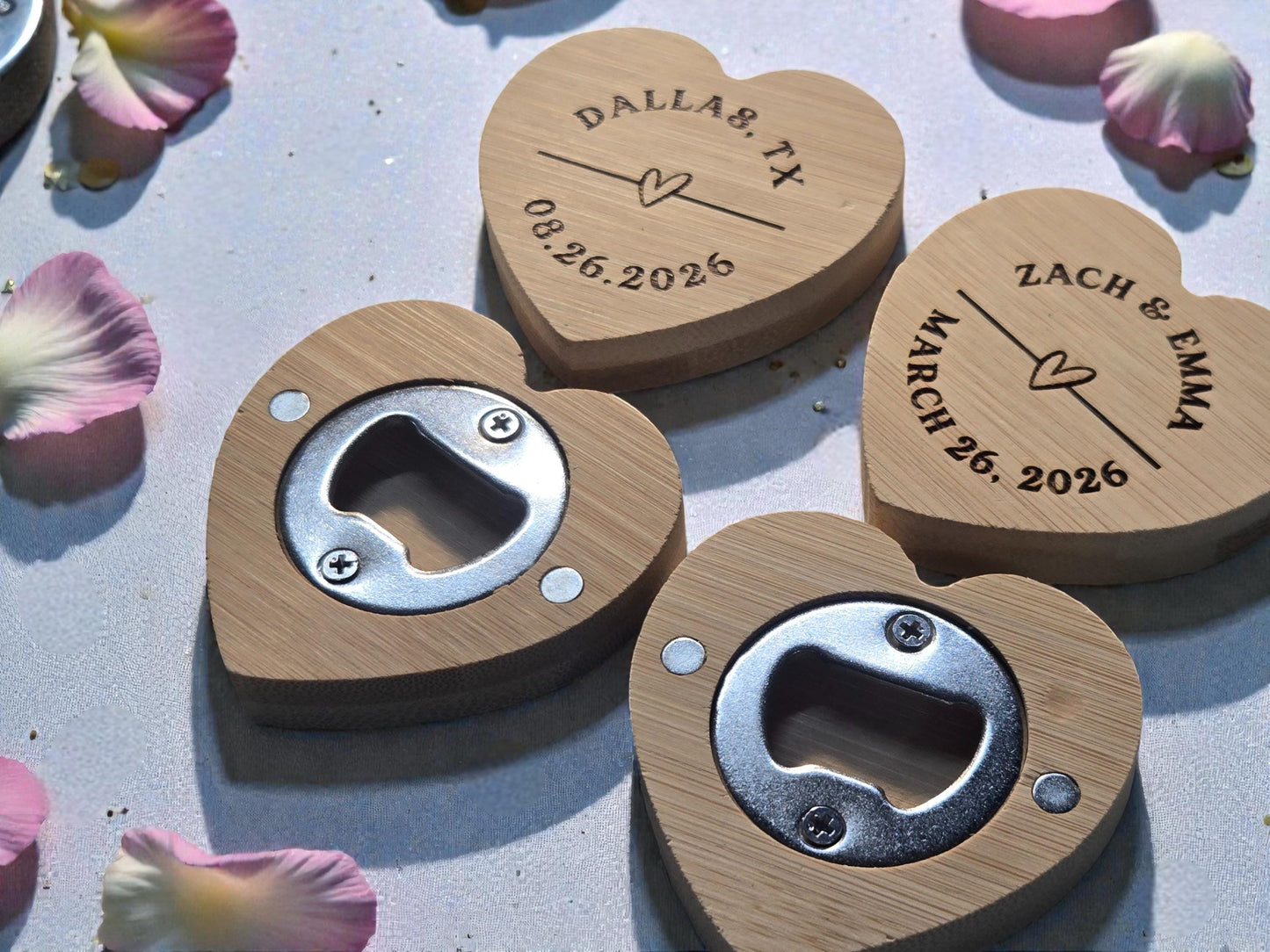 Wedding Favor Magnetic Heart Shaped Bamboo Bottle Openers, Custom Laser Engraved Bulk Wedding Favors