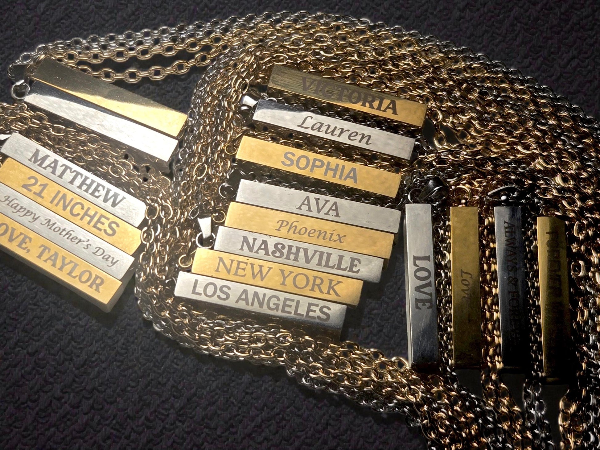 Personalized Bar Necklace, Custom Silver / Gold Pendant Necklace Chain, 4-Sided Personalization, 4 Font Choices